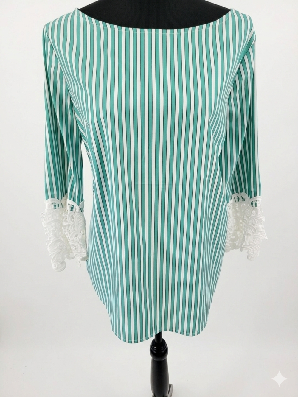 Liz Claiborne Green and White Striped Boatneck Blouse with Lace Cuffs